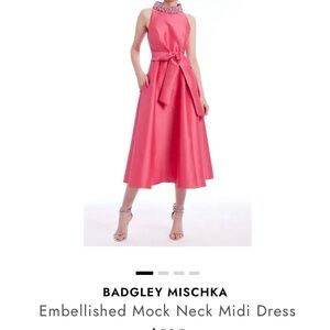 Badgley Mischka Satin Fuchsia Halter Midi Dress with Jeweled Neckline